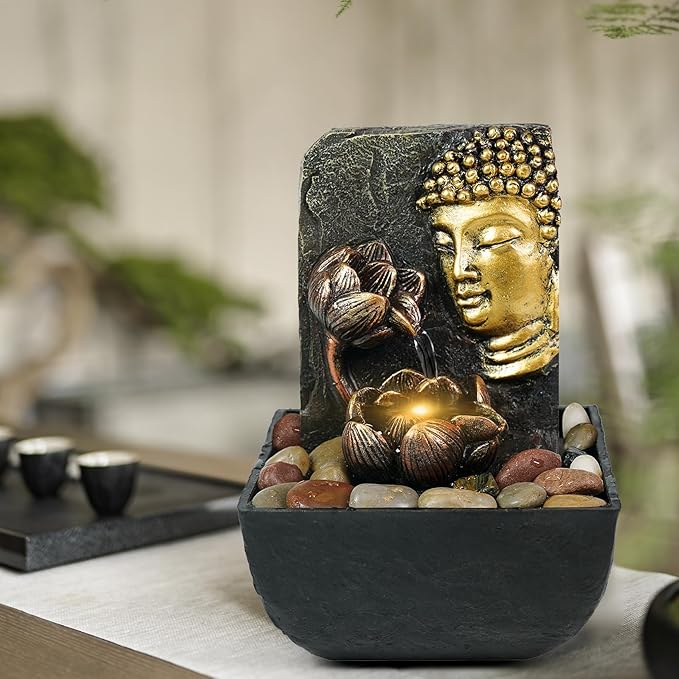 Ferrisland Tabletop Buddha & Lotus Waterfall Fountain with LED Light, Perfect for Zen Home & Office Decor(Gold)