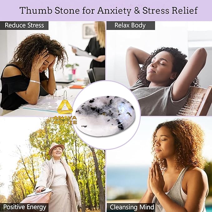 Rainbow Moonstone Worry Stones – Crystal Thumb Worry Stone for Anguish, Stress – Relaxing and Soothing Balance Stones for Meditation, Stress Relief – Healing Stones and Crystals for Men and Women
