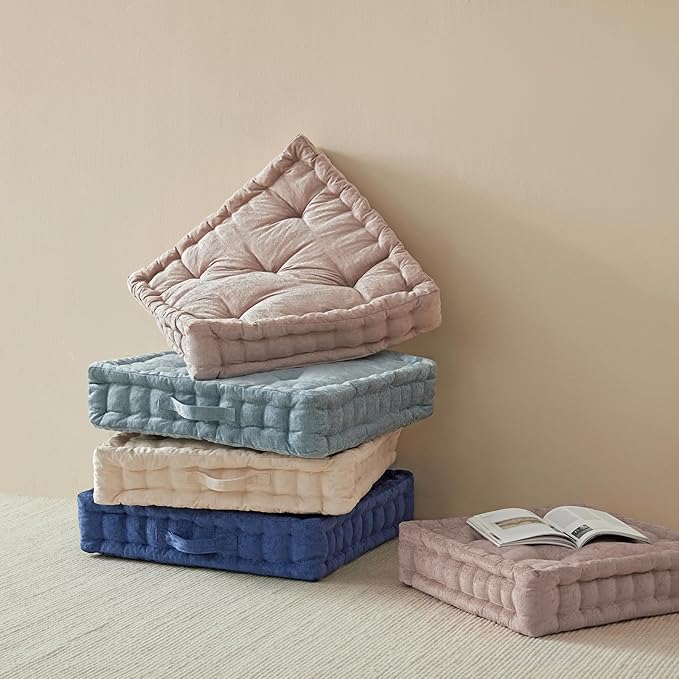 Intelligent Design Large Floor Pillow for Adults Yoga or Meditation Cushion with Handle, Floor Cushion for Board Games, Lustrous Chenille Tufted, Handsewn Scalloped Edge, Azza, 24" x 24" x 5" Ivory