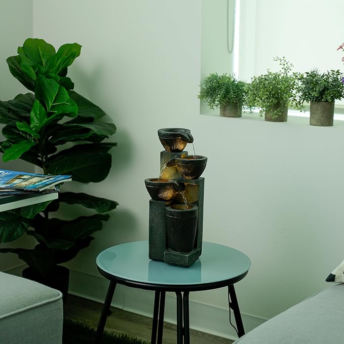 Alpine Corporation TZL416 14" Stoned Jar Water Fountain with Cascading LED Lights, Stylish Tabletop Water Feature for Home, Office, Living Room, Bedroom & Desk Decor, Gray