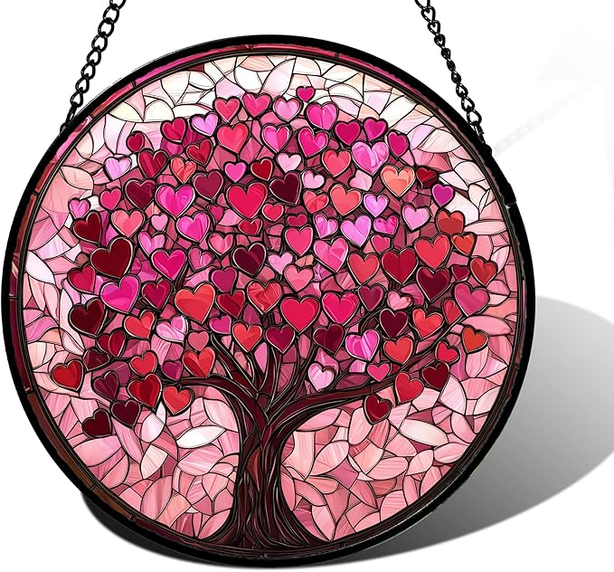 Stained Glass Window Hanging - DASTOLL, Birthday Gifts for Women Men Mom Dad, Pink Love Tree Suncatcher for Doors Window Home Sun Catchers Decor 7.8 in