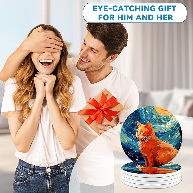 Starry Night Cat Coasters Set of 4, Round 4" Absorbent Ceramic Stone Coasters with Cork Base, Cute Table Home Decor, Ideal Gifts for Women Men