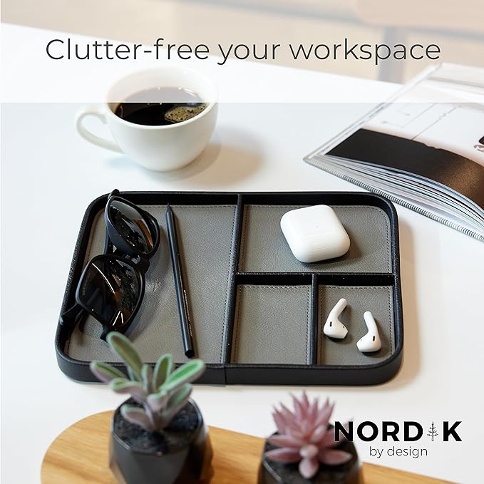 Nordik By Design Leather Valet Tray - Pebble Black Premium Vegan Stylish and Organized Nightstand for Men EDC Catchall Keys, Watch, Wallet, Jewelry Modern Bedside Caddy