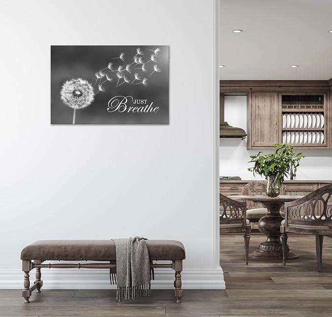 SKASNFAI Black and White Dandelion Zen Wall Art Canvas Just Breathe Motivation Positive Picture Art Print for Spa Yoga Meditation Wall Decor Ready to Hang (16L x 24W)