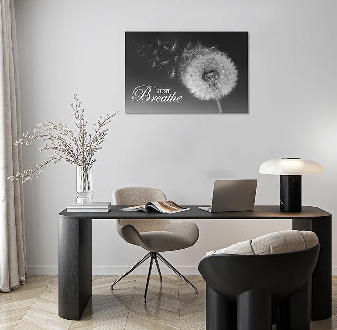 SKASNFAI Just Breathe Wall Art Zen Office Wall Decor Inspirational Yoga Quotes Positive Relax Artwork Picture Black and White Dandelion Posters Print for Meditation Room (24L x 36W)