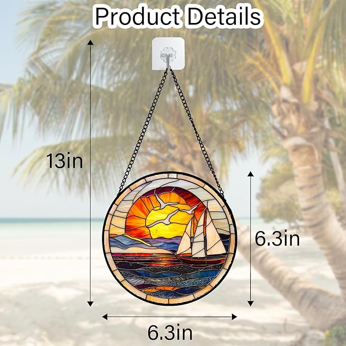 Stained Glass Window Hanging, Sun Ocean Sailboat Seagull Abstract Suncatcher Diamond Glass Panel Sun Catchers Decor for Birthday for Women, Men, Wife, Aunt, and Mom 6.3 in