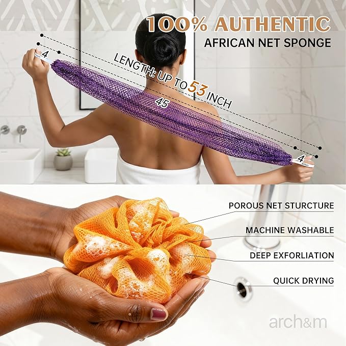 African Exfoliating Net Sponge Afroscrub - Authentic African Net Sponge with Knots Exfoliating Wash Cloths for Body Scrubber Back Scrub Exfoliator for Shower Bath Black by ARCH&M