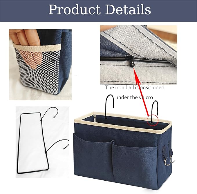Bedside Caddy Bedside Hanging Storage Basket Multi-Function Organizer Caddy for Bunk and Hospital Beds Dorm Rooms Bed Rails, Can be Placed Glasses Books Mobile Phones(Navy Blue)