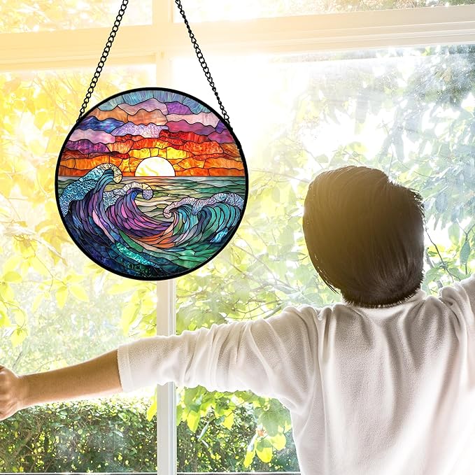 Stained Glass Window Hanging, Clouds and Sea Waves Suncatcher Diamond Glass Panel Hangings Scenery Sun Catchers Decor for Birthday for Women, Men, Wife, Aunt, and Mom 6.3 in
