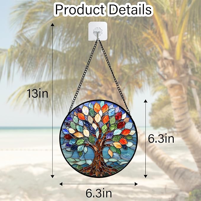 Stained Glass Window Hanging, Colorful Tree of Life Sun Catchers Glass Panel Blue Suncatcher Decor for Birthday for Women, Men, Wife, Aunt, and Mom 6.3 in