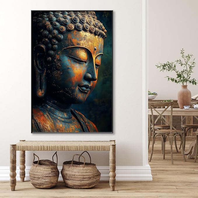 Buddha Statue Canvas Art, Zen Meditation Décor, Framed Print for Bedroom, Yoga Room, and Living Room (Gold Framed, 15"x24"|40x60cm)