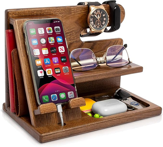 TESLYAR Wood Phone Docking Station Ash Key Holder Wallet Stand Watch Organizer Men Christmas Gift Husband Wife Anniversary Dad Birthday Nightstand Purse Father Graduation Male Idea Gadgets (Beige)