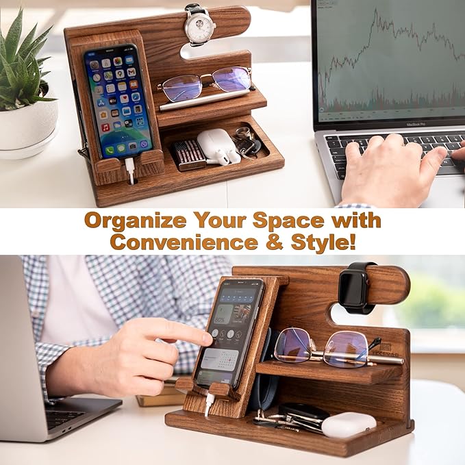 TESLYAR Wood Phone Docking Station Ash Key Holder Wallet Stand Watch Organizer Men Christmas Gift Husband Wife Anniversary Dad Birthday Nightstand Purse Father Graduation Male Idea Gadgets (Beige)