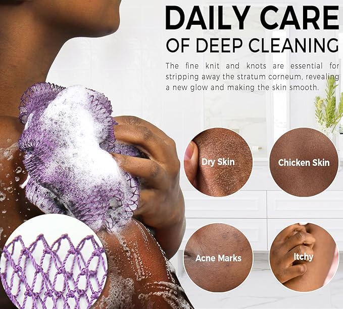 Back Scrubber for Body - 2 Pieces Authentic African Net Sponge with Knots - Exfoliating Washcloth for Afro Scrubber Seawave & Lilac - Shower Exfoliator for Women Self Care Body Loofah Bath Essentials
