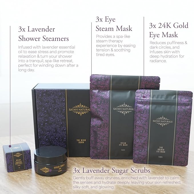 The Wind Down Self Care Set - Relaxation Kit and Care Package Including Steam Eye Mask, Lavender Sugar Scrub & Aromatherapy Shower Steamers, 24K Gold Eye Masks - Spa Gifts for Women