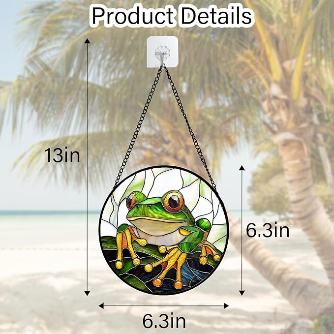 Stained Glass Window Hanging, Green Frog White Petals Sun Catchers Colorful Glass Panel Cute Suncatcher Decor for Birthday for Women, Men, Wife, Aunt, and Mom 6.3 in