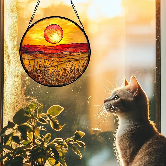 Stained Glass Window Hanging 4 Pcs Set Desert Sunset Theme Landscape 6.3" - Suncatcher Door Garden Sun Catcher Decor Birthday Christmas for Mom Woman Nana Men