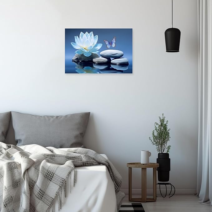 ARTZGX Blue Zen Wall Art Lotus Flower Canvas Spa Stone Pictures for Bathroom Wall Decor Meditation Butterfly Painting Frame(Zen - A 28.00" x 42.00")
