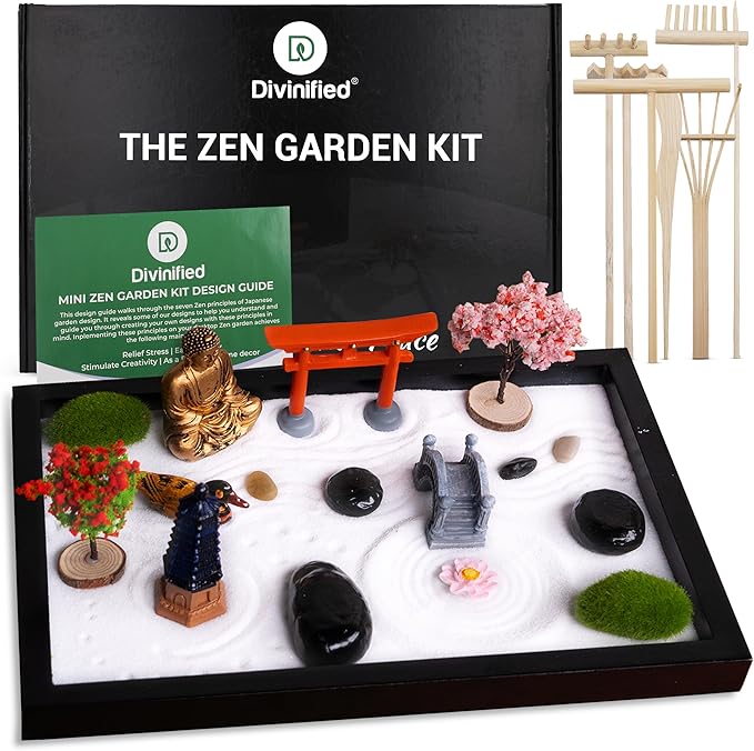 Zen Garden for Desk - Sand Tray Therapy Kit - Therapy Office Decor. 6 Rake Tools, 15 Piece Zen Garden Accessories, Meditation Accessories for Home and Office Relaxation, Gorgoeus Gift