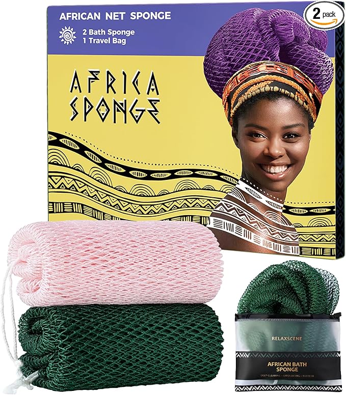 Afro Scrubber African Net Sponge - 2 Pieces Authentic African Wash Cloths - Exfoliating Body Sponges for Showering Forest & BabyPink - Back Scrub Exfoliator Shower Loofah for Body Bath Accessories