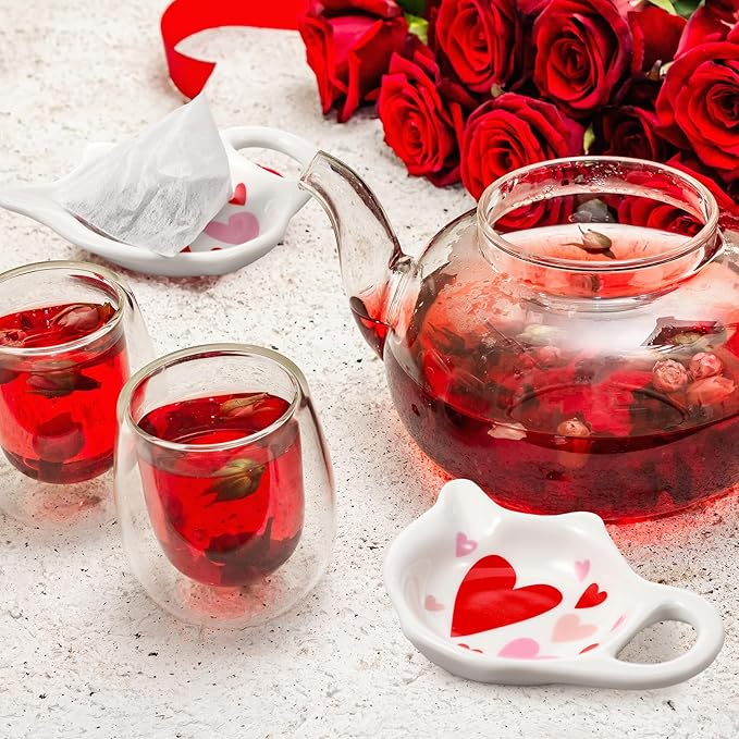 Set of 6 Valentines Love Hearts Tea Bag Holders Porcelain Ceramic Teapot Shaped Coasters Tea Bag Plate Spoon Rests Pad Saucer Seasoning Dish Set for Party Decoration Gifts, 3.7x2.75''
