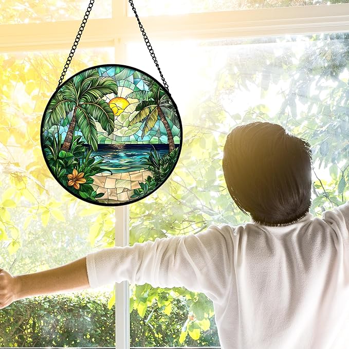 Stained Glass Window Hanging, Green Beach Scenery Suncatcher Diamond Glass Panel Hangings Sun Catchers Decor for Birthday for Women, Men, Wife, Aunt, and Mom 7.8 in