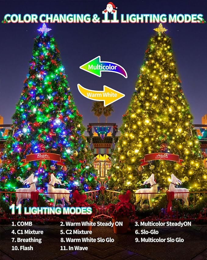 355FT 900LED Color Changing Christmas Lights, Extra Long Outdoor String Lights Waterproof, Timer & Memory, 8 Modes Dimmable Plug in Fairy for Outside Tree Wedding Patry White to Multicolor