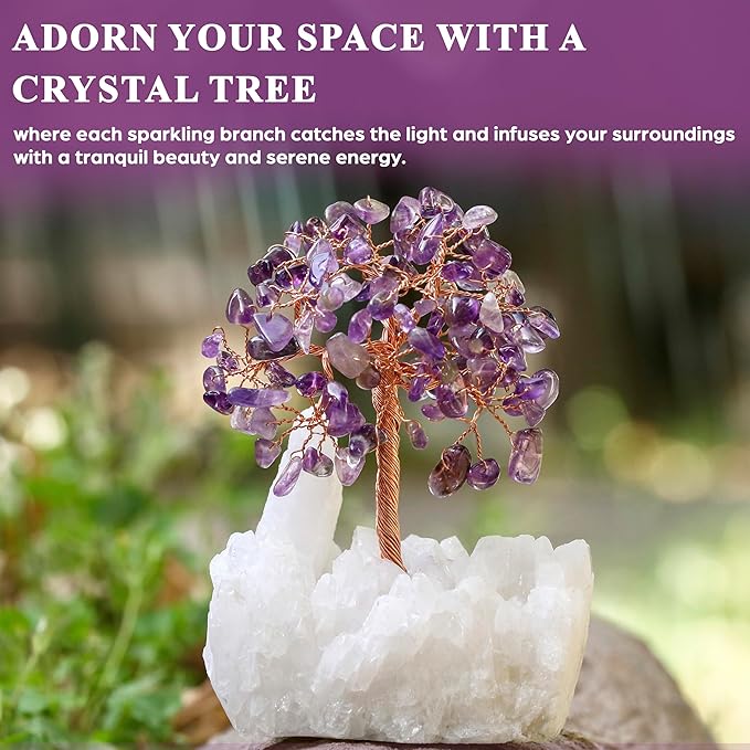 Amethyst Crystal Tree of Life with White Aura Base โ Gemstone Tree for Shelf & Home Bedroom Decor โ Crystals and Healing Stones, Cute Purple Birthday Gifts & Housewarming Gifts for Women Mom Sister