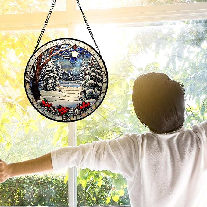 Stained Glass Window Hanging Christmas Tree Winter Snow Night Scenery 7.8" - Suncatcher Door Garden Kitchen Sun Catcher Home Decor Birthday for Mom Men Woman Friend