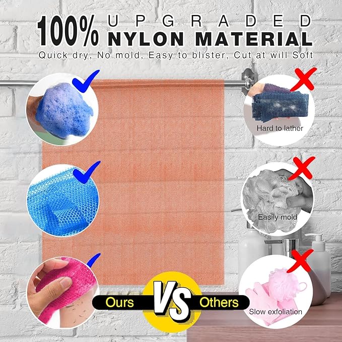 UJFQBH 3 Pieces African Bath Sponge African Net Long Net Bath Sponge Exfoliating Shower Body Scrubber Back Scrubber Skin Smoother,Great for Daily Use (Rose Red, Blue, Green)