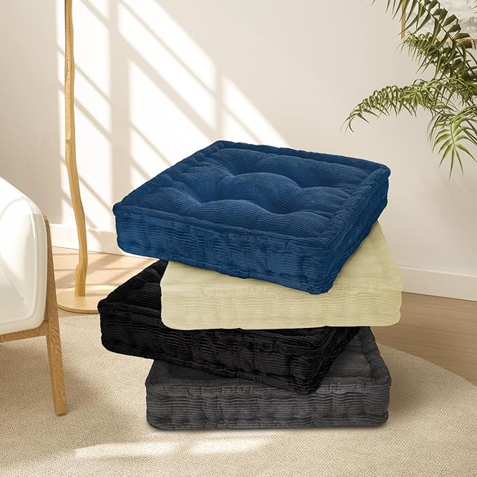 Wellsin Square Floor Pillows for Adults Kids - Meditation Floor Pillow Seating Cushion - Tufted Floor Cushion with Shredded Foam & Velvet Cover, 1 Pack, 20x20 Inch, Dark Blue