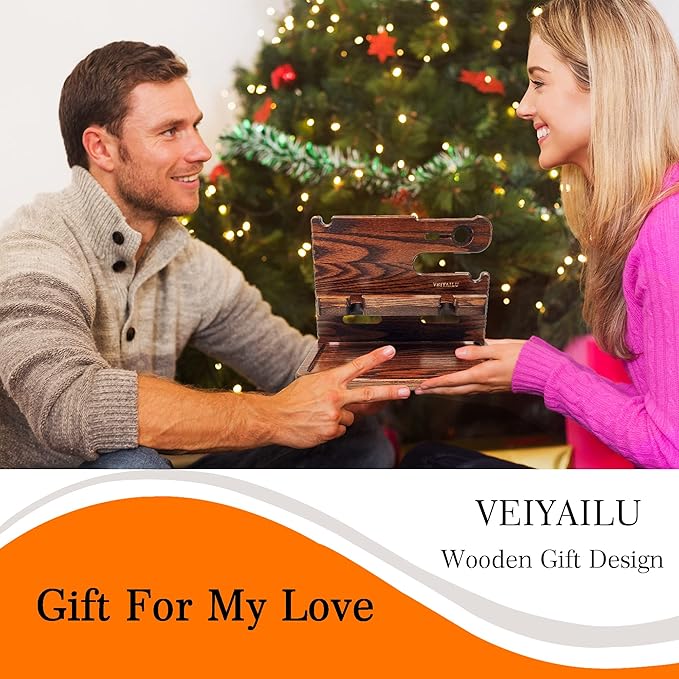 Gifts for Men from Wife Nightstand Organizer for Men Wood Phone Docking Station, Gift Ideas for Father's Day, Christmas, and Valentine's Day (Brown)