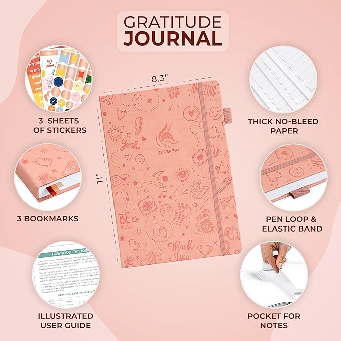 Clever Fox Gratitude Journal Large – Happiness, Positivity & Affirmation Journal – Inspirational Daily Notebook, 3 Months, 8.3x11” (Peach Pink)