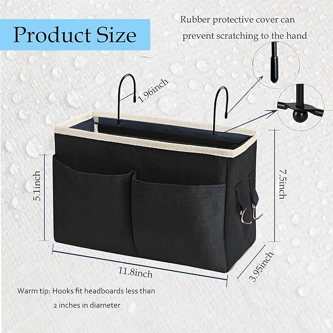 Bedside Caddy Bedside Hanging Storage Basket Multi-Function Organizer Caddy for Bunk and Hospital Beds Dorm Rooms Bed Rails, Can be Placed Glasses Books Mobile Phones(Black)