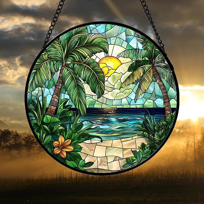 Stained Glass Window Hanging, Green Beach Scenery Suncatcher Diamond Glass Panel Hangings Sun Catchers Decor for Birthday for Women, Men, Wife, Aunt, and Mom 14.9x14.9 in