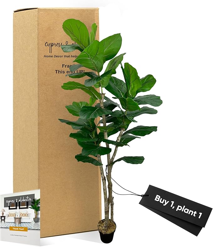 Cypress & Alabaster Handmade 7ft Oversized Fiddle Leaf Fig Ficus Lyrata Artificial Tree with Ethically Sourced Real Wood Trunks, Hypoallergenic, 7-Foot, Green