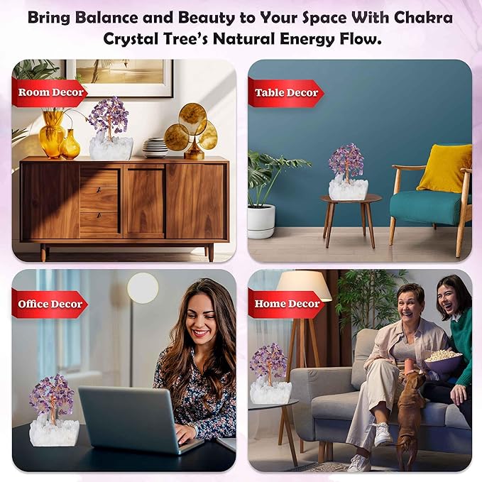 Amethyst Crystal Tree of Life with White Aura Base โ Gemstone Tree for Shelf & Home Bedroom Decor โ Crystals and Healing Stones, Cute Purple Birthday Gifts & Housewarming Gifts for Women Mom Sister