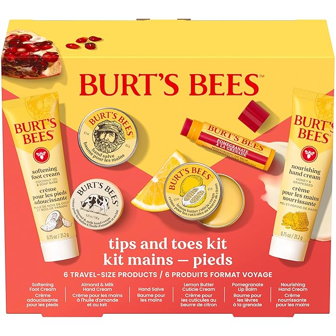 Burt's Bees Christmas Gifts - Tips and Toes Kit, 6 Travel Size Products for Stocking Stuffers - Pomegranate Moisturizing Lip Balm, 2 Hand Creams, Foot Cream, Cuticle Cream, and Hand Salve