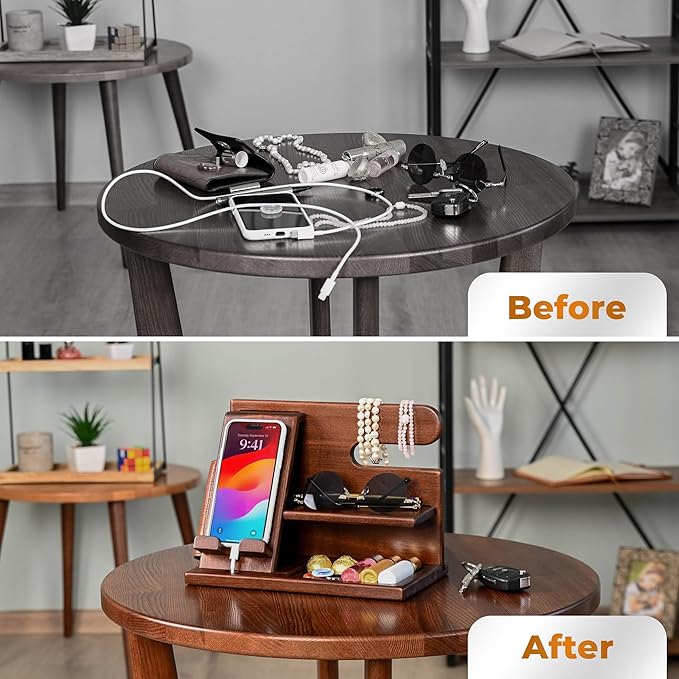 TESLYAR Wood Phone Docking Station for Men - Desktop or Nightstand Organizer - Birthday Gifts for Men, Dad - Anniversary Idea from Wife - Key Holder, Stand Wallet, Watch & Essentials (Chestnut)
