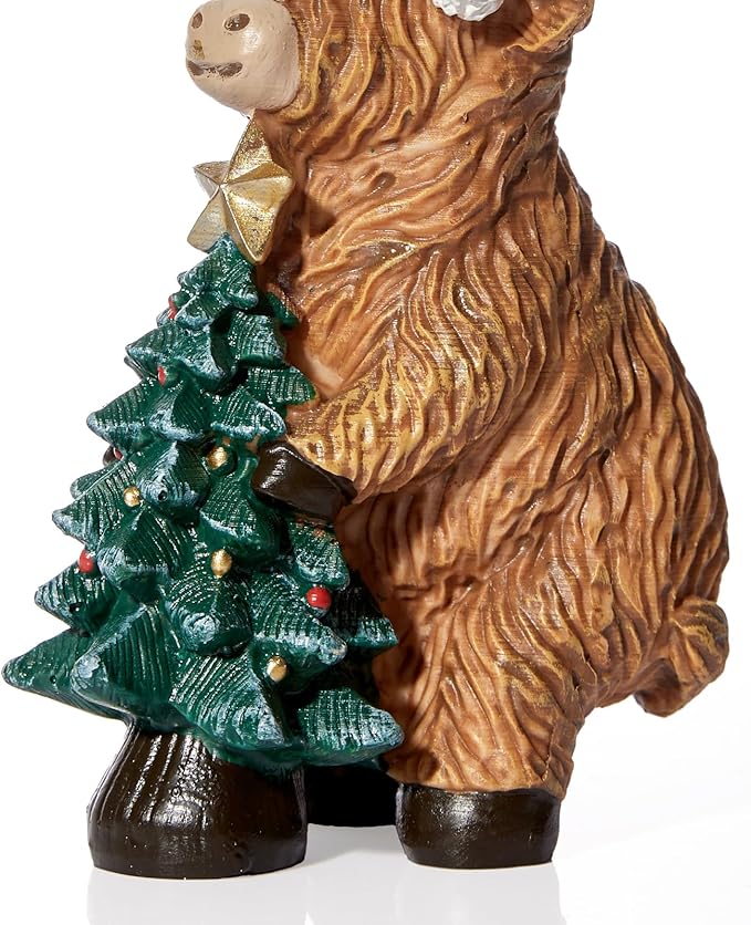 RM ROOMERS Christmas Highland Cow Decor Resin Highland Cow Figurines with Santa Hat Scarf & Tree for Tabletop Shelf Mantel Home Christmas Decoration (Set of 2, 5.39" & 4.48”H)