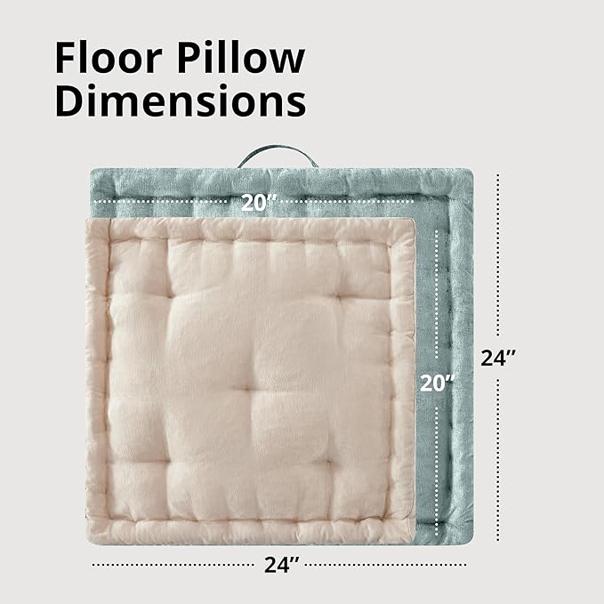 Intelligent Design Large Floor Pillow for Adults Yoga or Meditation Cushion with Handle, Floor Cushion for Board Games, Lustrous Chenille Tufted, Handsewn Scalloped Edge, Azza, 24" x 24" x 5" Aqua