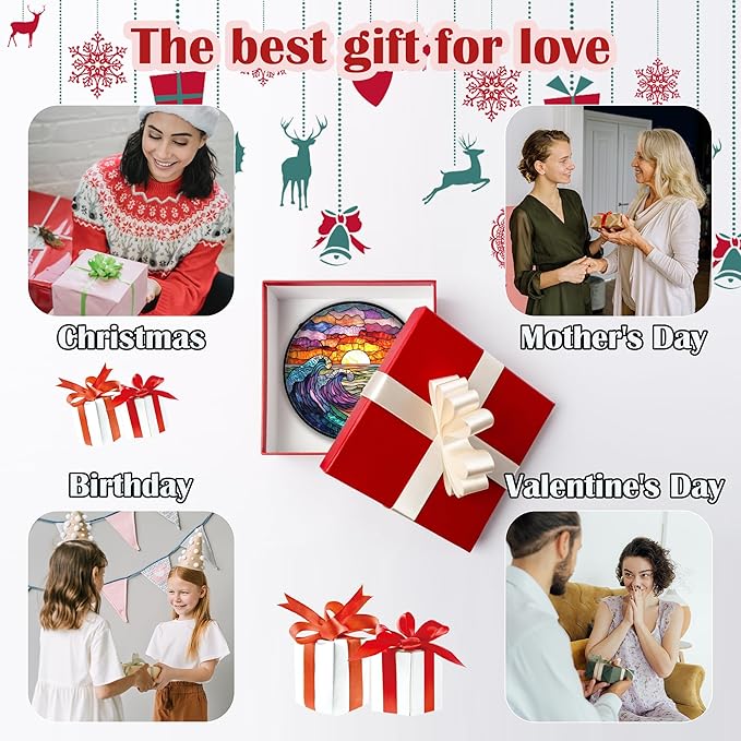 Stained Glass Window Hanging, Clouds and Sea Waves Suncatcher Diamond Glass Panel Hangings Scenery Sun Catchers Decor for Birthday for Women, Men, Wife, Aunt, and Mom 9.8 in