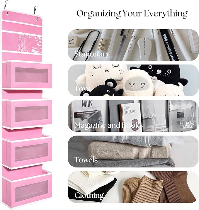 Over Door Organizer with 4 Large Capacity Pockets, Hanging Organizer Storage for Closet Bathroom Nursery Bedroom Dorm, Toys Cosmetics Sundries and Baby Essentials, Pink