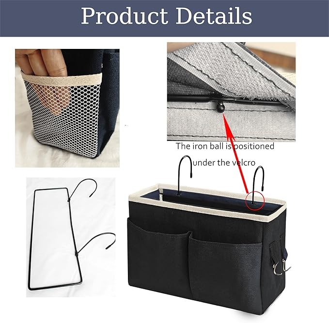 Bedside Caddy Bedside Hanging Storage Basket Multi-Function Organizer Caddy for Bunk and Hospital Beds Dorm Rooms Bed Rails, Can be Placed Glasses Books Mobile Phones(Black)