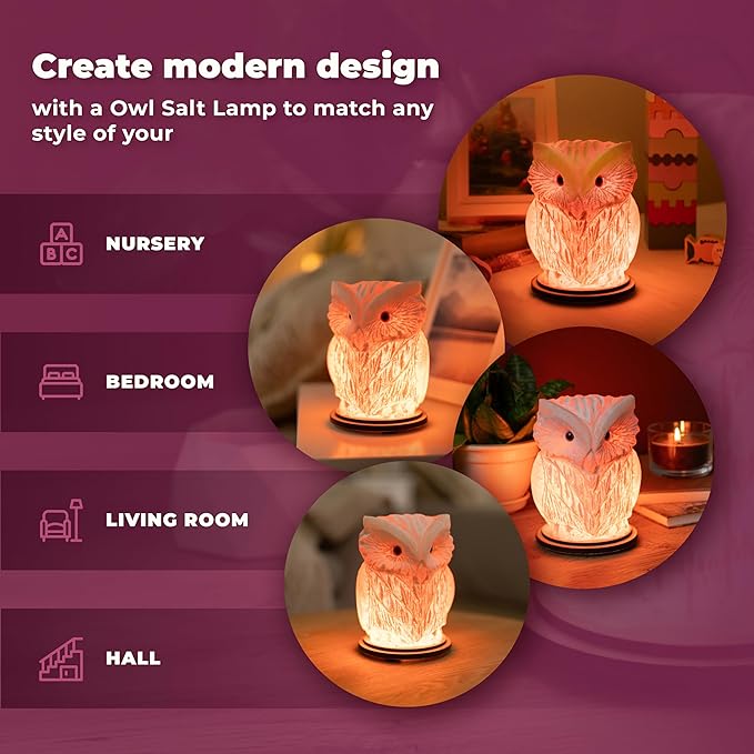 Owl Crystal Salt Lamp H 6.7โ, 4.4 lbs - Pure Natural Rock Salt โ Unique Night Light Lamp - 1 Light Bulb as a Gift - Wooden Present Box - Holiday Gift Ideas - Cool Room Dรฉcor