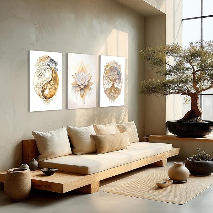 GELDSTEI Tree of Life Wall Art, Calming Zen Wall Decor, Abstract Yin Yang Tree Canvas Painting, Modern Gold Lotus Flower Meditation Poster Print for Living Room Yoga Room Bedroom Framed 16"x24"x3