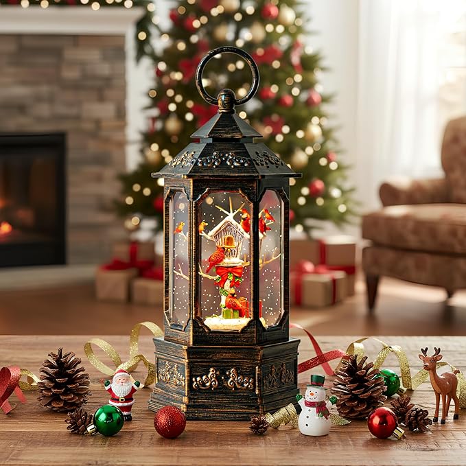 Musical Snow Globe Lantern Lighted Cardinal & Birdhouse Christmas Snow Water Lantern Swirling Glittering Home Decoration and Gift, Battery Operated or USB Powered
