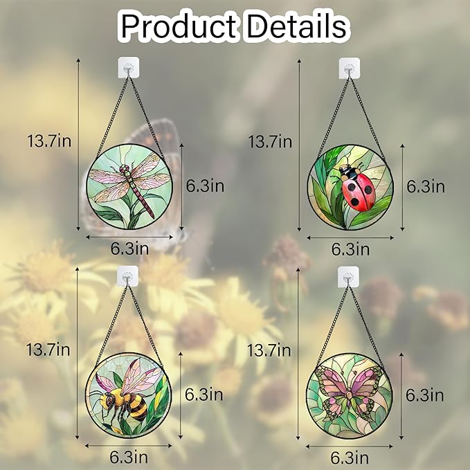 Stained Glass Window Hanging 4 Pcs Set Pink Green Insect Theme 6.3" - Butterfly Suncatcher Door Garden Sun Catcher Decor Birthday Christmas for Mom Woman Nana Men