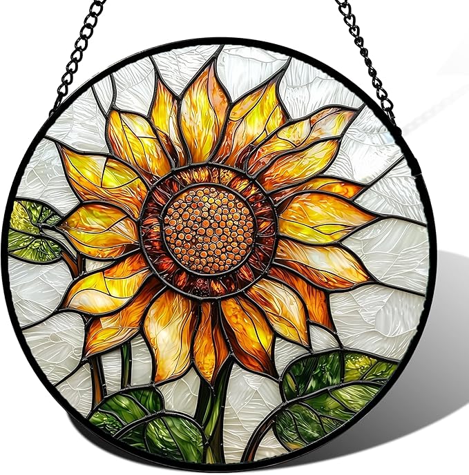 Stained Glass Window Hanging - Sunflower Flower Suncatcher Ready to Hang Window Doors Home Decoration and Christmas, Mother's Day Birthday Gifts for Women, Men, and Mom 14.9x14.9 in
