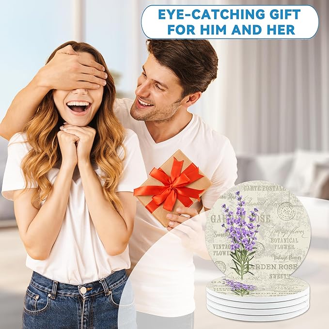 Vintage Lavender Flowers Round 4" Cup Coasters Set of 4, Absorbent Ceramic Stone Coasters with Cork Base, Ideal Home Decor Gifts for Women Men